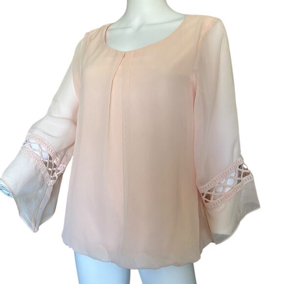 AB Studio Womens medium top sheer pale pink 3/4th bell sleeve chiffon blouse - Picture 3 of 10
